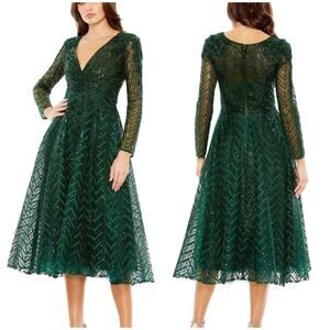 Mac Duggal NWT Embellished Long Sleeve Wrap Over Dress Emerald Green Size 14